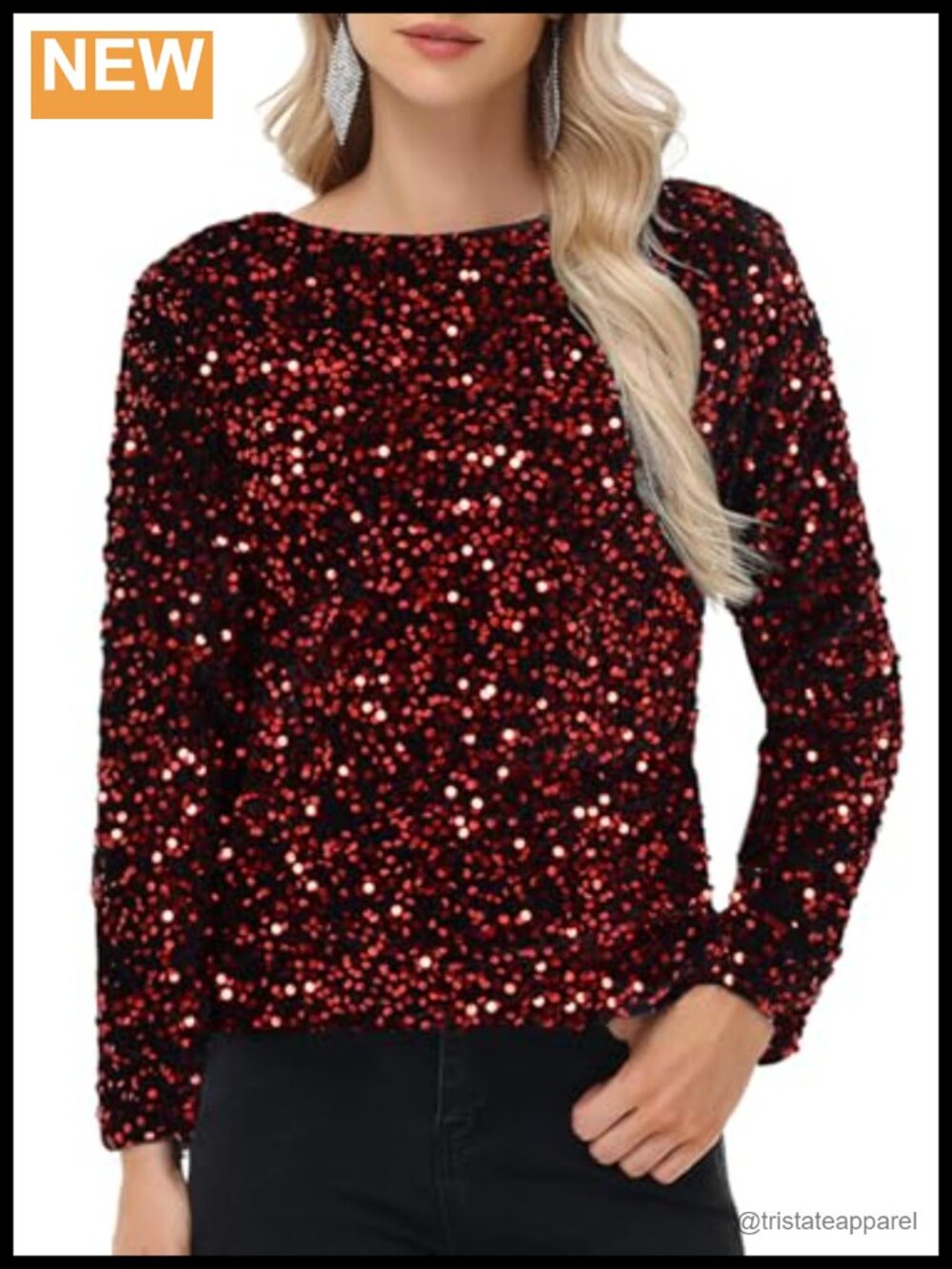 Sequin Long Sleeve Blouse Sparkly Glitter Party Top with Velvet Trim